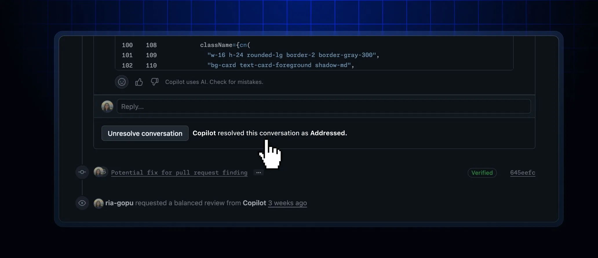 Screenshot of a GitHub Copilot code review comment thread showing a note that Copilot automatically resolved the comment